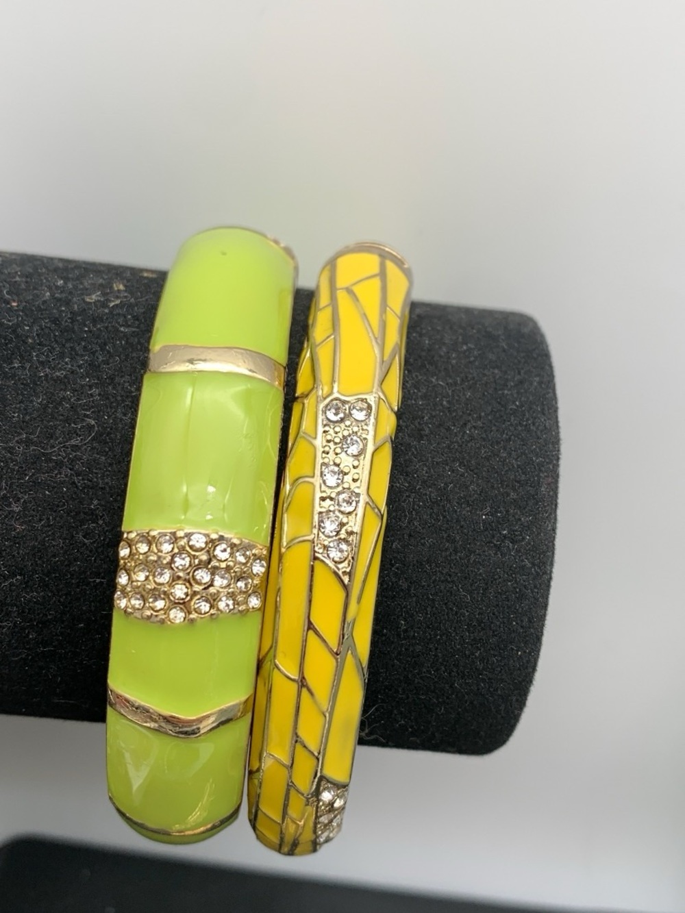 Lot of 2 Yellow and Green enamel Crystal Accent hinged Bangle Bracelets